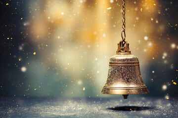 Christmas bell, new year background, magic bokeh background with copy space. Winter holidays festive decoration, greeting card.
