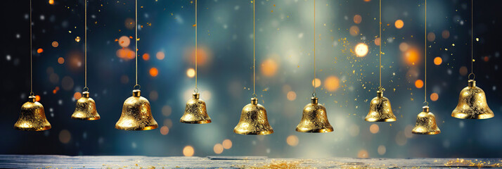 Golden christmas bells, new year background, magic bokeh background with copy space. Winter holidays festive decoration, greeting card. - obrazy, fototapety, plakaty