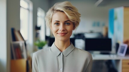 Fototapeta premium Portrait of beautiful professional businesswoman with blond hair looking at camera. Modern corporate office workplace scene.