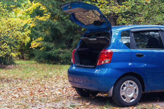 Blue car with an open empty trunk in the autumn forest