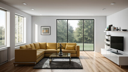 Fototapeta premium Moderne Wohnzimmer-Innenarchitektur: Ein helles, stilvolles Raumkonzept, Gestaltungsideen für die Inneneinrichtung zu Hause, moderne Möbel und Einrichtung, Dekoartikel, 
