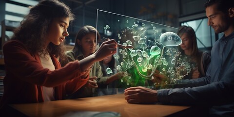 A teacher uses a tablet to project a holographic protozoa, while students with AR wristbands pull up detailed overlays of its life cycle - obrazy, fototapety, plakaty