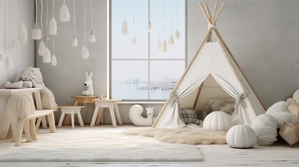 Fototapeta na wymiar a Scandinavian inspired children's room with a muted color palette. The focus is on a stark white wall with a spotlight.