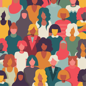 Inclusive crowd of girls and women portraits. Vector and colorful illustration. Separated items, zoom in, square.