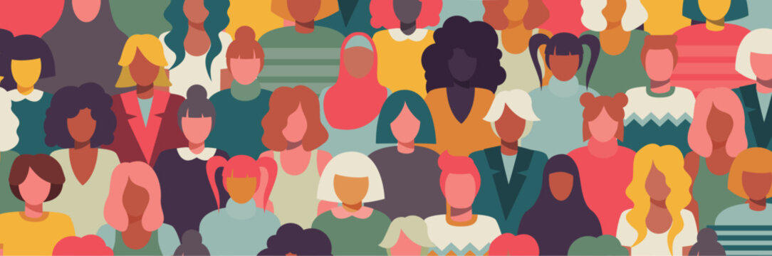Inclusive crowd of girls and women portraits. Vector and colorful illustration. Separated items, horizontal frame.