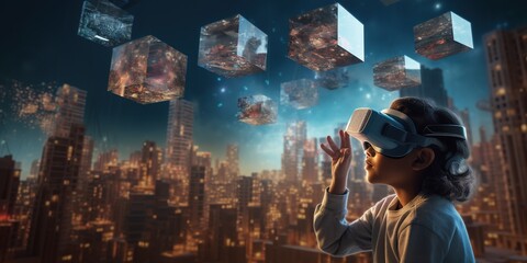 Child with AR gloves constructing a virtual cityscape with floating blocks