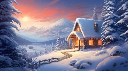 A painting of a cabin in the snow.