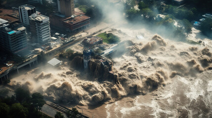 aerial view ruins of a city, a destroyed city after a disaster after an earthquake or flood - obrazy, fototapety, plakaty