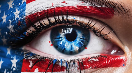 eye of the person with colored skin of america flags - obrazy, fototapety, plakaty