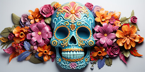 Meksykańska czaszka z kwiatami i ornamentami. Sugar skull.  - obrazy, fototapety, plakaty