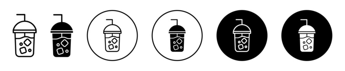 Iced coffee with ice cubes icon. cold coffee or cold tea cup with straw symbol set. Cocktail or milk smoothie with ice cube vector sign. summer cold drink with ice cubes line logo