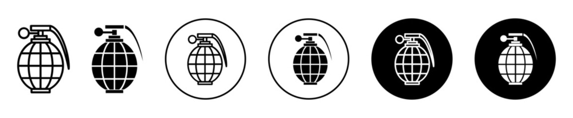 Fragmentation grenade icon. Military hand grenade bomb with pin symbol set. Fragmentation of explosive ammo vector sign. Combat Hand grenade line logo 