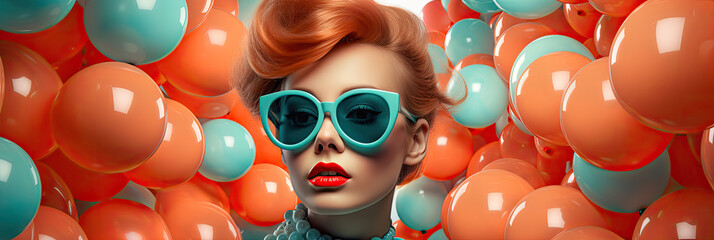 Piękna rudowłosa dziewczyna w pastelowych okularach z kolorowymi balonami w tle. 