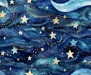 Starry night watercolor handdrawn seamless pattern 