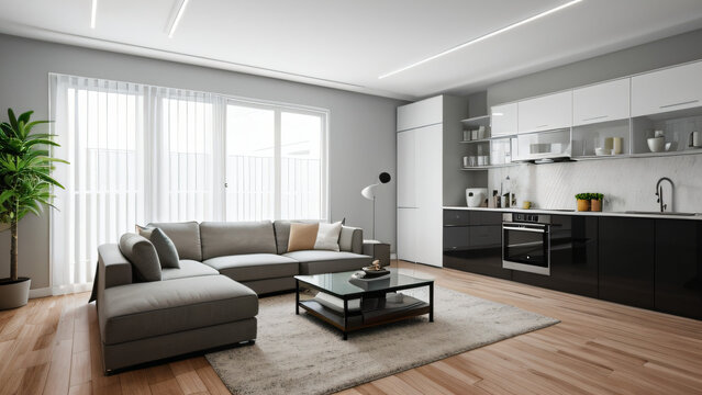 Moderne Wohnzimmer-Innenarchitektur: Ein helles, stilvolles Raumkonzept, Gestaltungsideen für die Inneneinrichtung zu Hause, moderne Möbel und Einrichtung, Dekoartikel, 