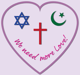Heart with Christian Hebrew and Islamic religion signs in cmyk vector illustration isolated, We need more love