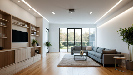 Obraz premium Moderne Wohnzimmer-Innenarchitektur: Ein helles, stilvolles Raumkonzept, Gestaltungsideen für die Inneneinrichtung zu Hause, moderne Möbel und Einrichtung, Dekoartikel, 