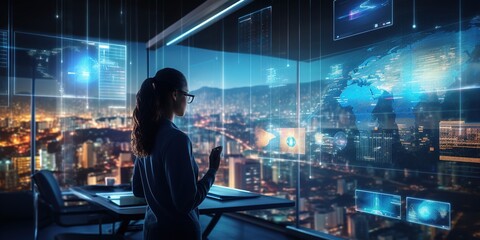 A businesswoman in a sleek, modern office, gesturing to floating holographic data streams and augmented reality panels displaying charts and analytics, the skyline of a futuristic city visible - obrazy, fototapety, plakaty