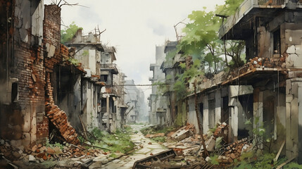 Urban Decay: Digital Painting of Dilapidated City Street with Crumbling Buildings - Perfect for Post-Apocalyptic Themes, Video Game Backgrounds, and Urban Exploration Narratives