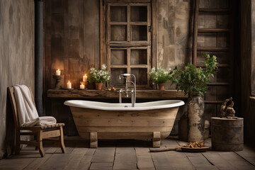 widok ładnej łazienki i klimatycznej wanny w stylu vintage i retro, drewno, okiennice, klimatyczna lazienka