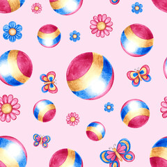 Seamless pattern with children's toy balls, butterflies and flowers. Handmade watercolor illustration. On a pink background. For children's textiles. For labels, packaging of children's goods.
