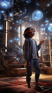 A child in a living room setting wearing lightweight, transparent AR glasses, interacting with educational holographic simulations