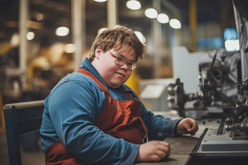 Young handsome worker with down syndrome working in industrial factory. Social inclusion and integration