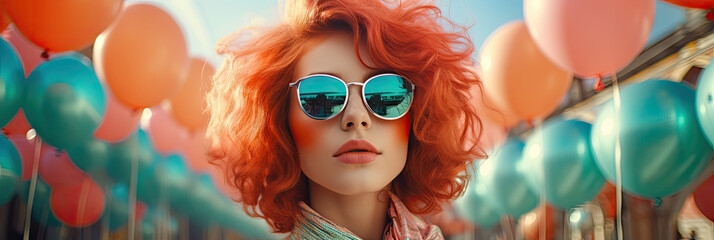 Piękna rudowłosa dziewczyna w pastelowych okularach z kolorowymi balonami w tle.  - obrazy, fototapety, plakaty