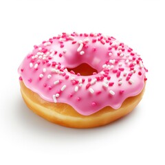 A pink frosted donut with sprinkles on a white surface. Photorealistic, on white background