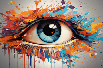 Ilustracja przedstawiająca kolorowe oko. Kolorowa farba podkreśla rzęsy.   - obrazy, fototapety, plakaty