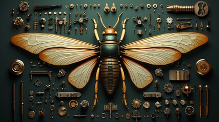 Mechanical fly with organized spare parts background. Made with Generative AI