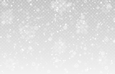 Vector snow background png. Snow png. Snowfall, blizzard, winter. Falling snowflakes. Christmas background.