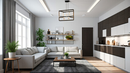 Moderne Wohnzimmer-Innenarchitektur: Ein helles, stilvolles Raumkonzept, Gestaltungsideen für die Inneneinrichtung zu Hause, moderne Möbel und Einrichtung, Dekoartikel  