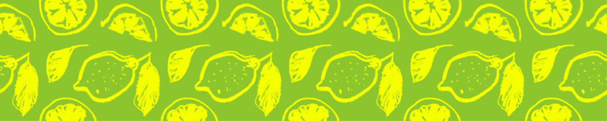 Banner template with vector color lemon seamless pattern. Citrus fruit backdrop on green background. Hand drawn lemons illustration. Lemon emblem with green leaves. Botanical fabric pattern.