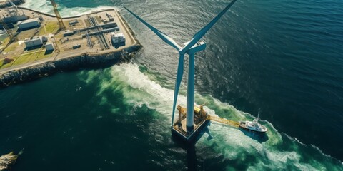 Efficient Offshore Wind Power Generation: A Crane's Precise Work near Gigantic Eco-Friendly Wind Turbines under a Clear and Serene Sky in a Vast Offshore Windpark