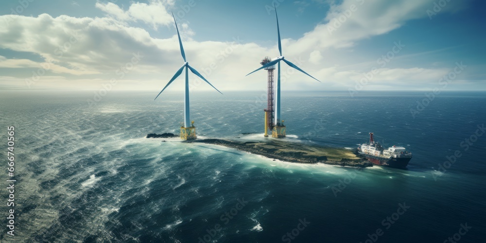 Poster efficient offshore wind power generation: a crane's precise work near gigantic eco-friendly wind tur