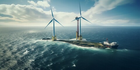 Efficient Offshore Wind Power Generation: A Crane's Precise Work near Gigantic Eco-Friendly Wind Turbines under a Clear and Serene Sky in a Vast Offshore Windpark - obrazy, fototapety, plakaty