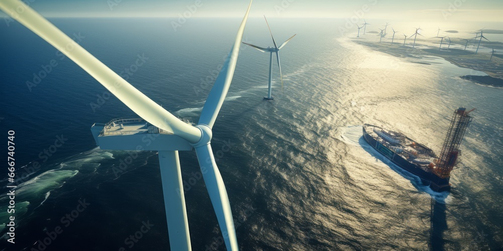 Aufkleber efficient offshore wind power generation: a crane's precise work near gigantic eco-friendly wind tur