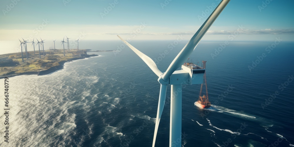 Poster efficient offshore wind power generation: a crane's precise work near gigantic eco-friendly wind tur