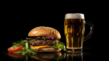 Tasty Burger and glass of beer isolated on black  background