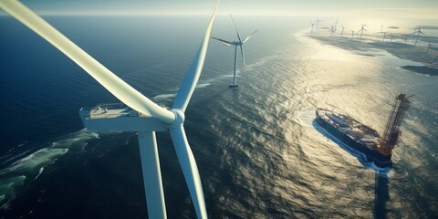 Efficient Offshore Wind Power Generation: A Crane's Precise Work near Gigantic Eco-Friendly Wind Turbines under a Clear and Serene Sky in a Vast Offshore Windpark - obrazy, fototapety, plakaty
