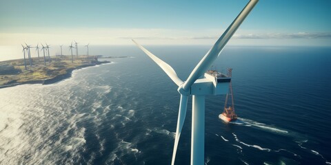 Efficient Offshore Wind Power Generation: A Crane's Precise Work near Gigantic Eco-Friendly Wind Turbines under a Clear and Serene Sky in a Vast Offshore Windpark