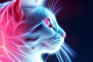 Poster with white cat in in neon colors isolated on black  background