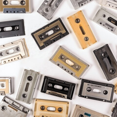 Retro audio cassettes on a white background. Set of various colorful music cassettes.