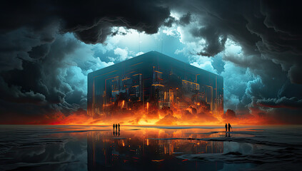 widok sztuki komputerowej plonacego budynku i ciemnych chmur, o ogniu i ciemnosci - obrazy, fototapety, plakaty