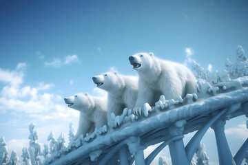 Three polar bears standing on a railway in a snowy forest. Winter attractions - obrazy, fototapety, plakaty