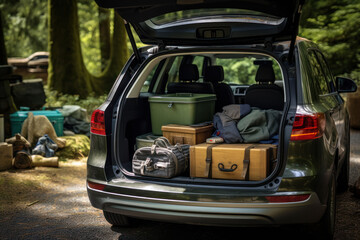 Open car trunk with suitcases and things, outdoor recreation, camping, travel concept