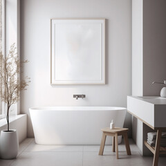 Fototapeta na wymiar Poster mockup in white cozy bathroom interior background, 3d render. Copy space