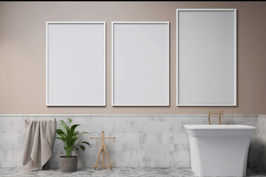 Three white, blank mockups, posters in a cozy bathroom interior, with free space for text