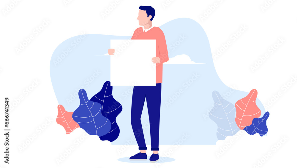 Aufkleber man holding blank empty poster or placard in hands, flat design vector illustration with white backg